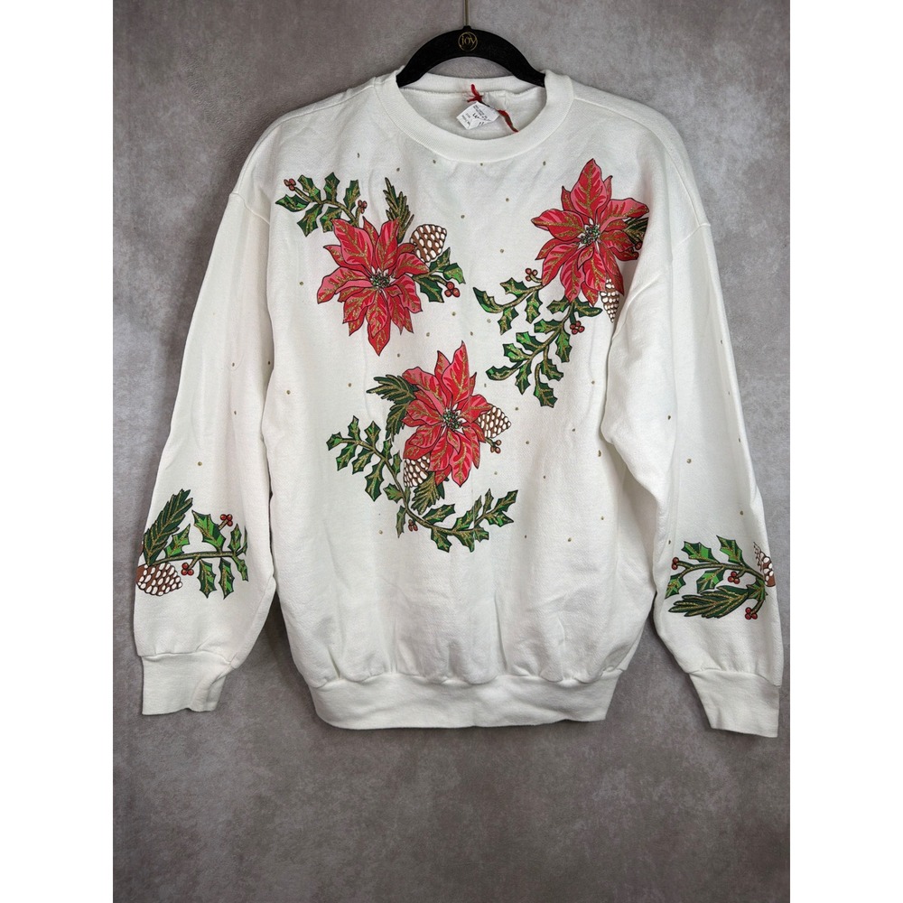 NutCracker Sweatshirt Women Large White Vintage Poinsettia Christmas USA Made